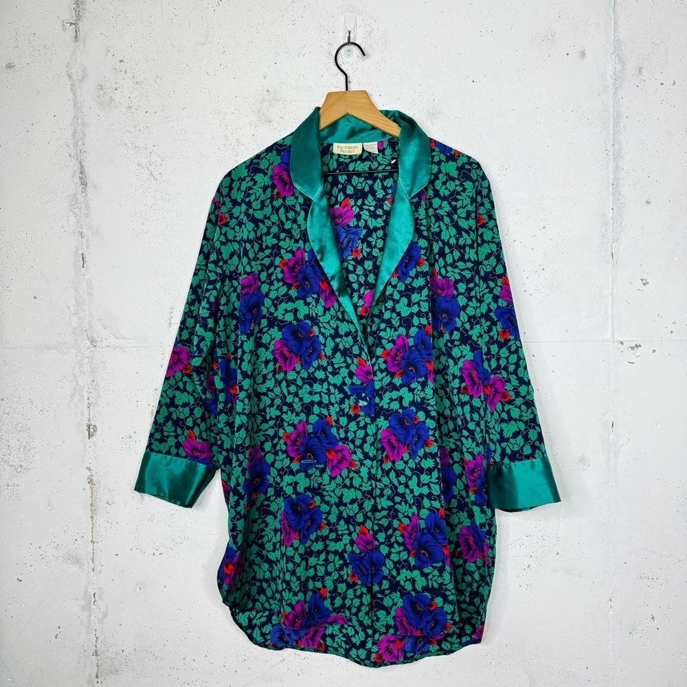 Victoria’s Secret Vintage Gold Label Emerald Green Floral Robe Lingerie Kimono